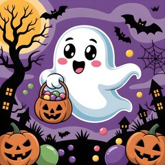 Cute Ghost with Candy Basket on Halloween Night