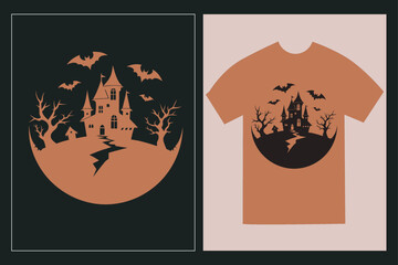 Creepy Mansion Graveyard Halloween Night T Shirt Design Silhouette