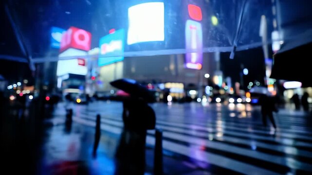 Walking alone in the rain under an umbrella. A moody city night with blurry lights and reflections. A concept of urban loneliness. POV video. 