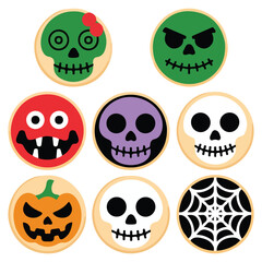 Funny and spooky Halloween themed baked cookies vector illustration isolated