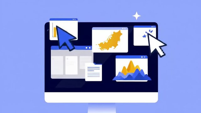 Seamless animation of a digital dashboard workspace: interactive charts, cards, and cursors in dynamic motion on a modern monitor