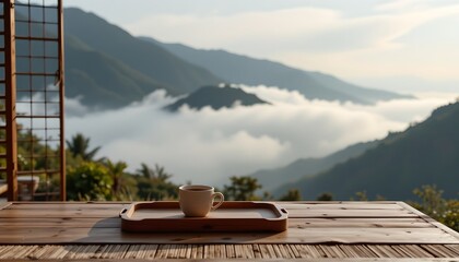 an elevated outdoor space with a panoramic view of a mountain range. a wooden table is centrally positioned on a deck with a railing