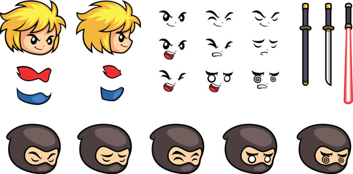 Black & Blue Ninja Head Face Expressions Game Sprite Sheets