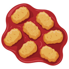 Fried poultry pieces arranged around a red sauce boat top view isolated vector illustration on white background