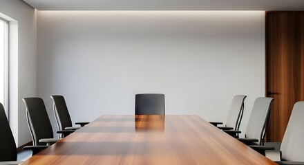 Empty corporate boardroom with a polished wooden table and executive chairs, setting the stage for strategic business decisions and leadership meetings