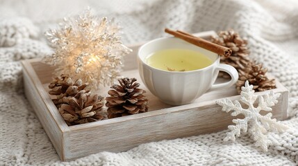 Cozy winter tray with white teacup, cinnamon stick, pine cones, glowing snowflake light, and knitted blanket creating warm festive holiday mood