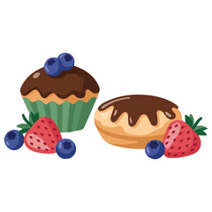 Sweet berry cupcake and donut dessert pastry isolated vector illustration on white background