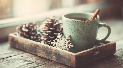 Rustic cozy scene with teal ceramic mug of hot drink, cinnamon stick, pine cones, and snowflake ornament on wooden tray by window creating warmth