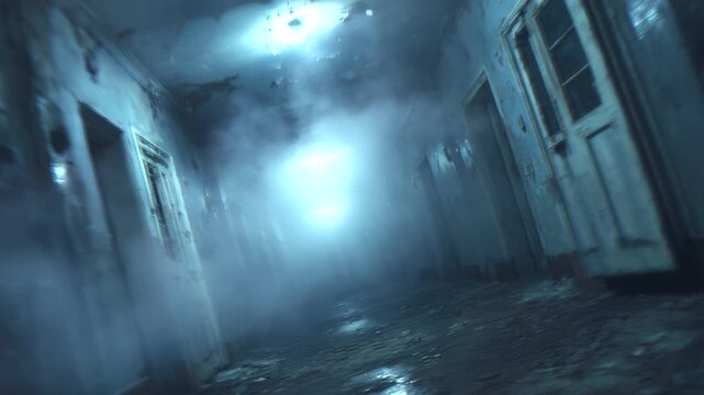 Haunted asylum hallway with flickering lights and ghostly shadows. halloween horror, asylum, hallway, spooky, eerie, scary, creepy, october, festive, haunted