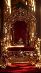 Ornate Golden Throne with Luxurious Red Velvet Seat Fit for Royalty in Palace