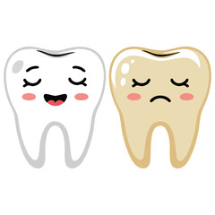 Happy white tooth and sad yellow tooth cartoon characters isolated vector illustration on white background