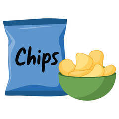 Bowl of potato chips snack food isolated vector illustration on white background