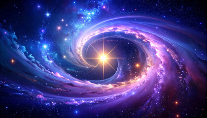 Fototapeta premium A glowing spiral galaxy swirling with bright stars and cosmic lights in deep space, fantasy science fiction illustration of the universe