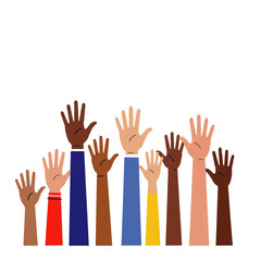 Diverse group of hands raised in unity, showcasing different skin tones and colorful sleeves against a white background.