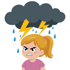Angry girl with thundercloud above head isolated vector illustration on white background