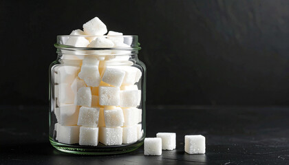 Close-up shot of a glass jar filled with white sugar cubes, with a dark background.