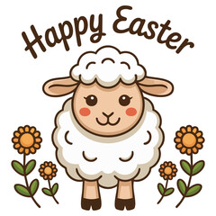 Easter celebration card with little lamb flowers isolated vector illustration on white background