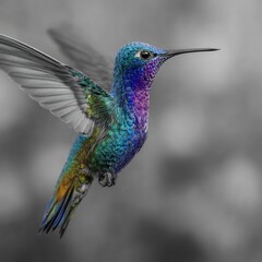 Fototapeta premium Hyper detailed hummingbird hovering mid air selective color effect iridescent feathers against blurred background
