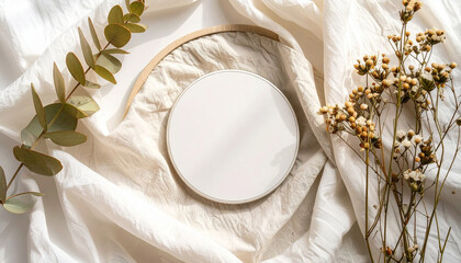 A close-up shot of a white ceramic coaster on a wrinkled fabric with dried flowers and eucalyptus.