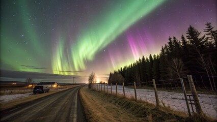 Obraz premium Breathtaking aurora borealis display over majestic forest and quiet road