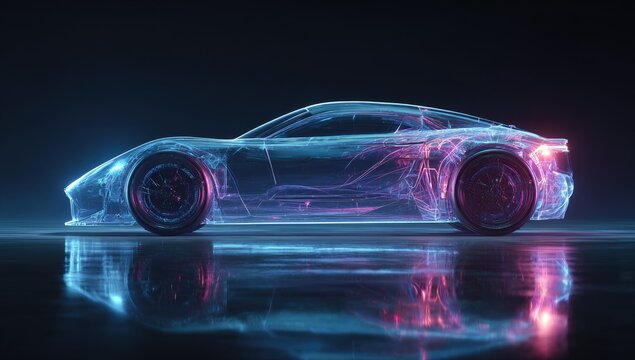 Futuristic, glowing car outline on reflective surface - Powered by Adobe