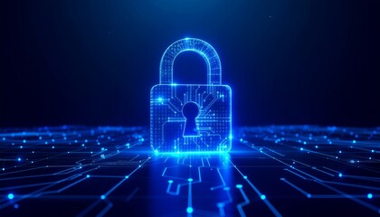 Glowing blue digital padlock symbolizing cyber data security