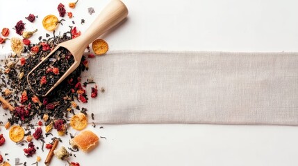 Tea presentation with leaves and tools, conveying tradition and wellness, great for social media or advertisements