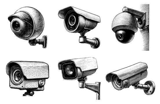 Security cameras in a vintage engraving style in black and white