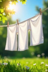 Crisp, clean laundry hanging on a clothesline outdoors, billowing gently in a summer breeze, sunlight illuminating fresh cotton  A vibrant image representing pure, airy freshness ,  smell,  washing