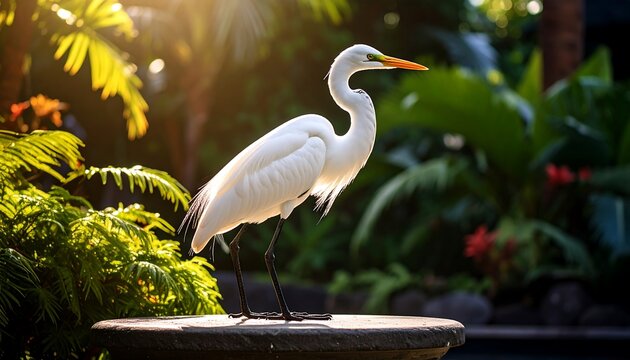 Majestic white heron in lush garden setting