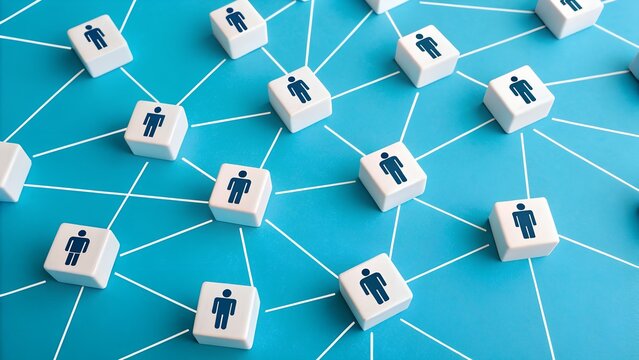 Grid of white tiles with blue person icons and one standout yellow tile on blue background – Social network and communication hub, business, abstract, digital, collaboration, data