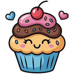 Cute cupcake with facial expression isolated vector illustration on white background