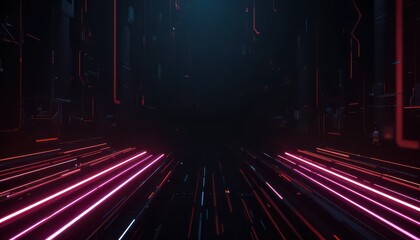 Dynamic neon light streaks create a futuristic abstract tunnel with glowing digital energy and dark tech background