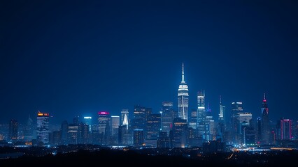 City skyline at night with sparkling lights, captured in deep blue tones with long exposure.