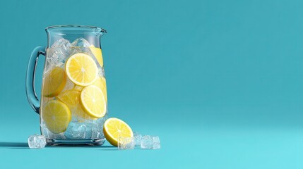 Fresh Lemonade Pitcher with Ice Cubes on Bright Blue Background