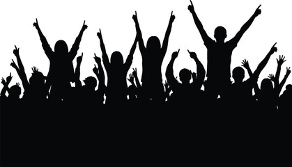Silhouette Crowd of Happy People with Raised Hands Celebrating at Music Festival, Concert or Party Isolated on White Background