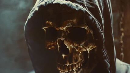A skull wearing a hood and sunglasses, ideal for use in illustrations, designs or to add a touch of humor
