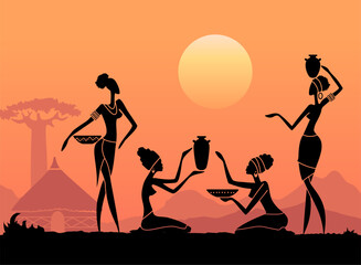 Vector illustration of African women silhouettes at sunset with traditional pots and bowls. Tribal culture and ethnic lifestyle artwork