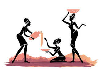 Vector illustration of African women silhouettes with bowls and jug. Traditional tribal scene showing women in ethnic style, inspired by African culture and daily life