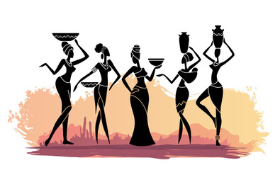Vector illustration of African women silhouettes carrying traditional pots and bowls. Ethnic tribal design with graceful female figures, inspired by African culture and lifestyle