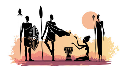 Vector illustration of African warriors with shields and spears, and women in traditional poses with a drum. Tribal culture silhouettes at sunset, inspired by African heritage and lifestyle