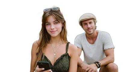 Stylish Couple’s Moment: A charming couple in modern attire poses gracefully. The female, holding a phone, exudes a sense of gentle grace while the male, in a cap and a casual attire.