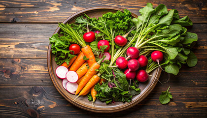 A wooden plate filled with fresh, colorful vegetables including carrots, radishes, and leafy greens.