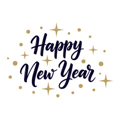 Happy New Year graphic design with gold confetti and stars.