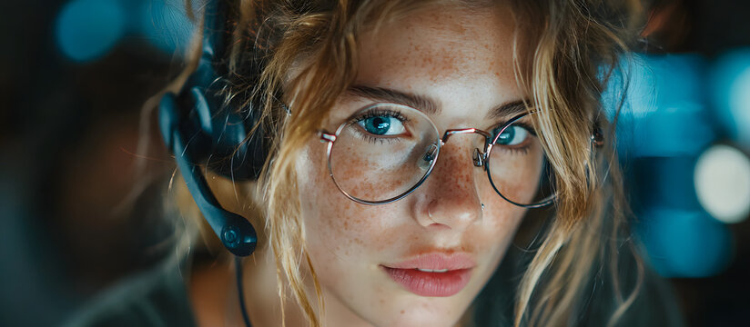 IT help desk, female with hadset and glasses for quesions on technology and dat. Cyber defense, person deicated to communication, aalysis, and army support.