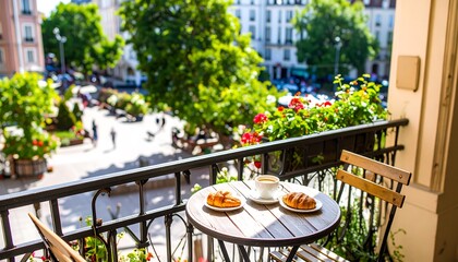 City balcony view with croissants and coffee