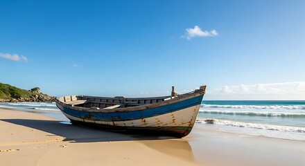 Old Fishing Boat Washed Ashore on Sandy Beach Under Blue Sky.