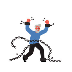 An elderly man breaks free from chains and shackles, raising his fists in a gesture of liberation.