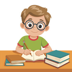 Nerd boy with glasses doing homework isolated vector illustration on white background