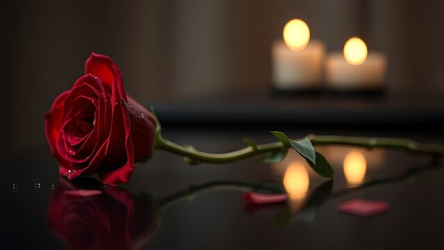 Single red rose with dewdrops on a sleek black surface, symbolizing minimalist romance.